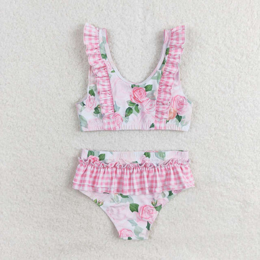 2pc Pink flower print short sleeve Swimsuit