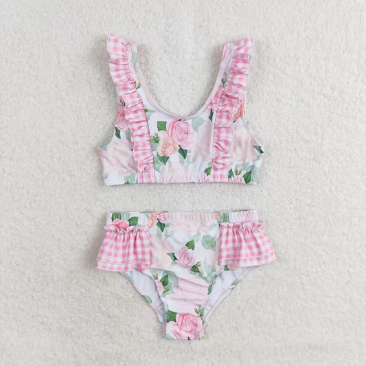 2pc Pink flower print short sleeve Swimsuit