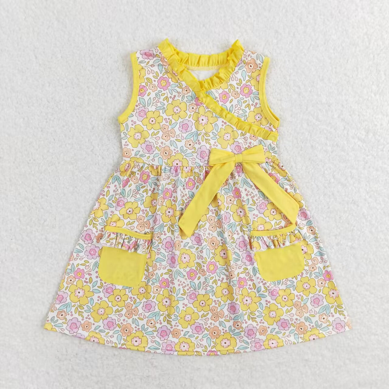 Yellow floral print sleeveless Girls Dress
