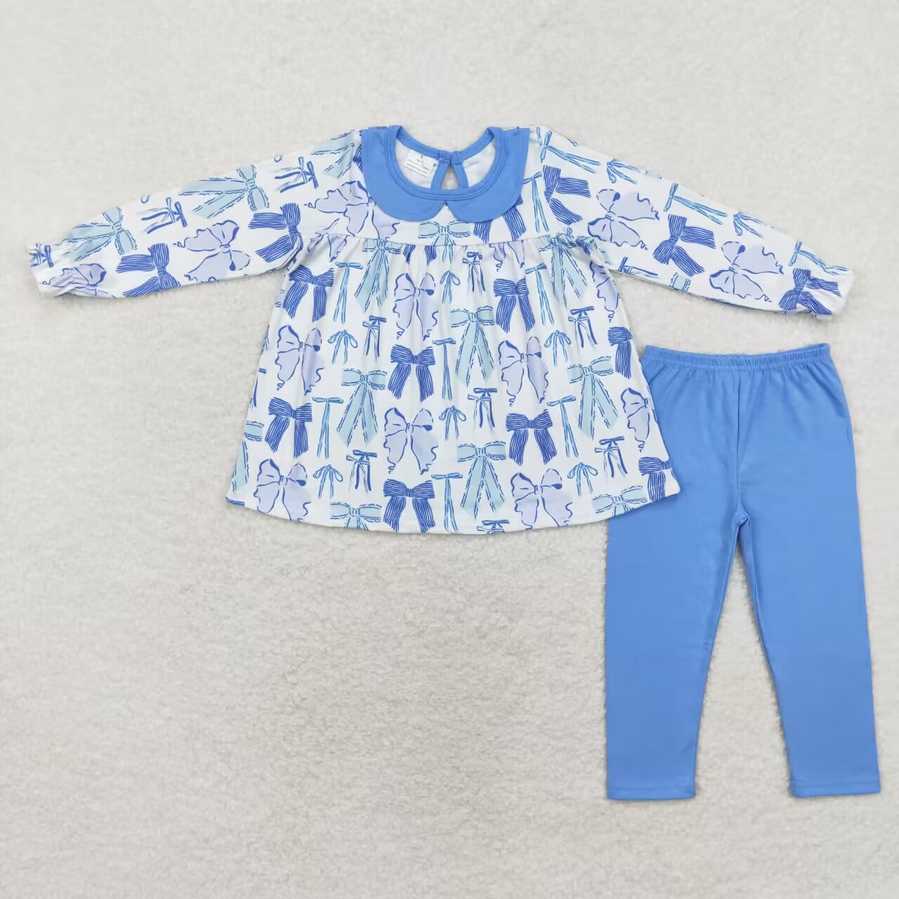 Fall Blue Bow Print Long Sleeve Pants Set
