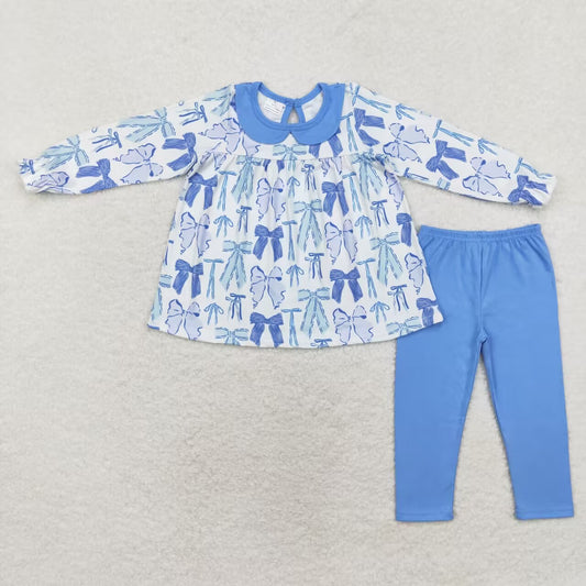 Fall Blue Bow Print Long Sleeve Pants Set