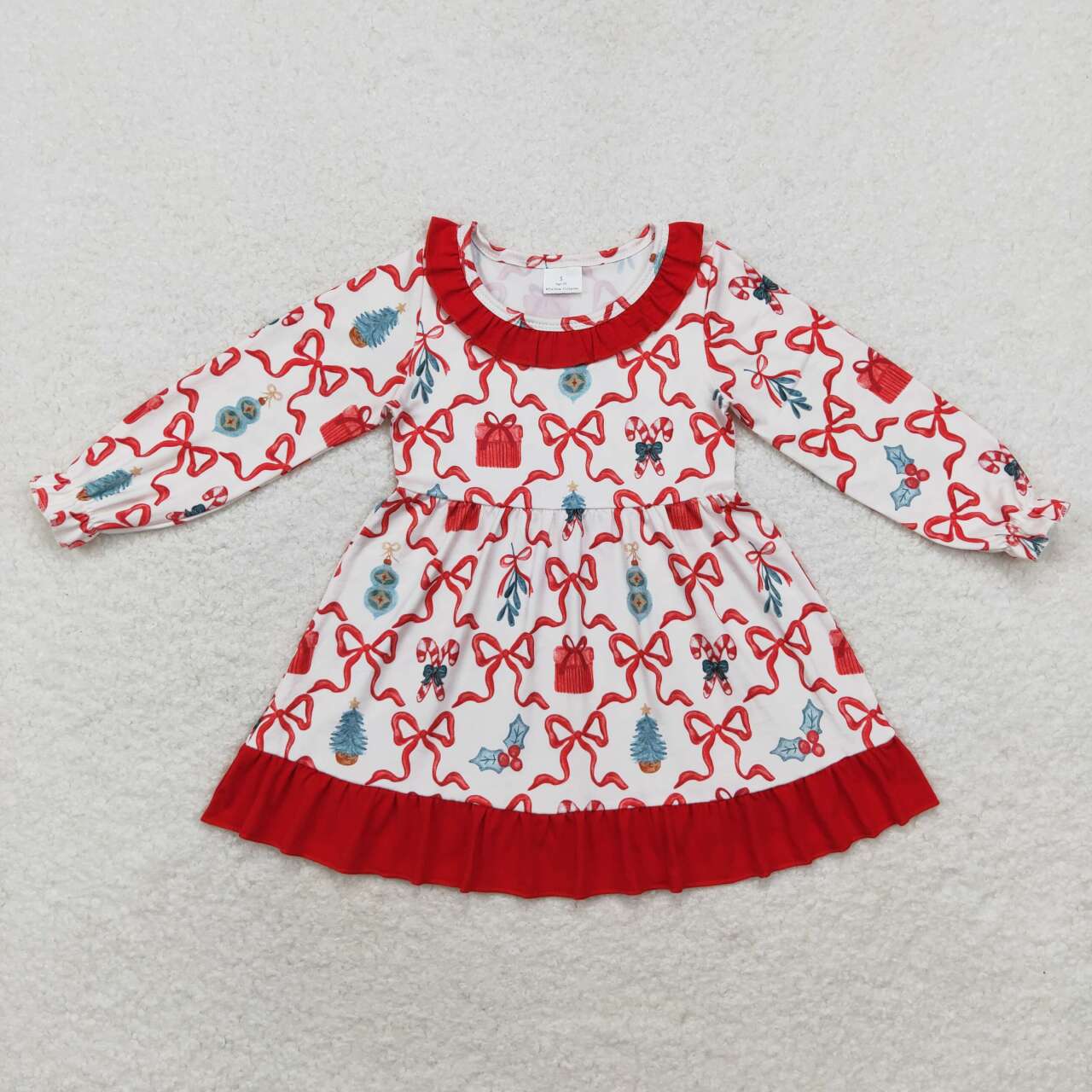 christmas Red Gift Pattern Cartoon Long Sleeve Girls Dress