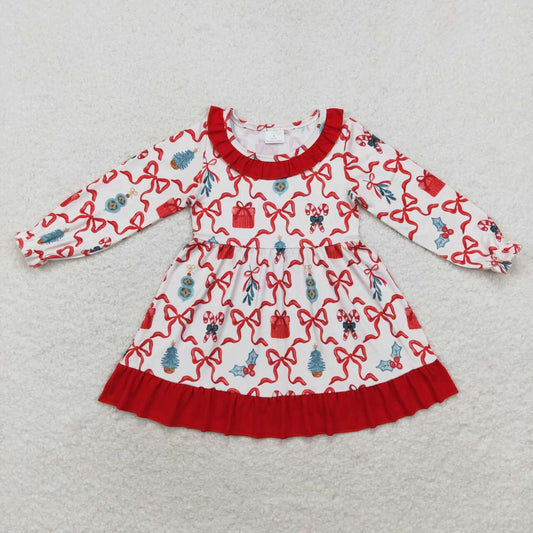 christmas Red Gift Pattern Cartoon Long Sleeve Girls Dress