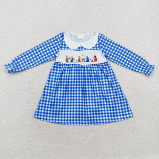 Blue Plaid Cartoon Long Sleeve Girls Dress