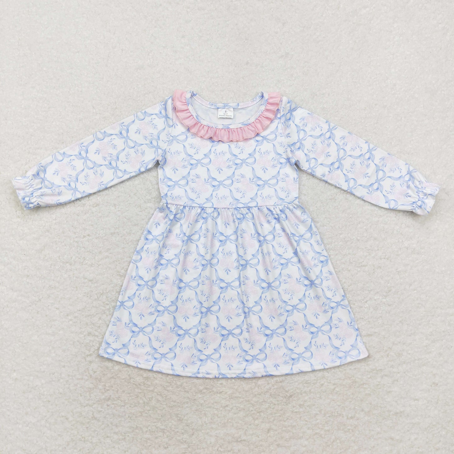 Blue Bow Pattern Cartoon Long Sleeve Girls Dress