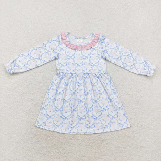 Blue Bow Pattern Cartoon Long Sleeve Girls Dress