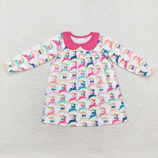 colorful Deer Pattern Cartoon Long Sleeve Girls Dress