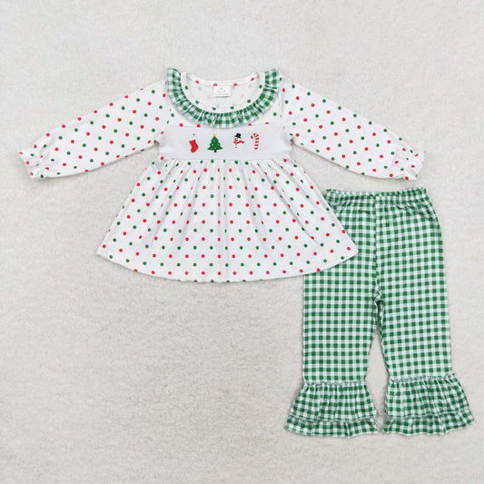 Christmas Embroidered tree Green plaid Girls Set