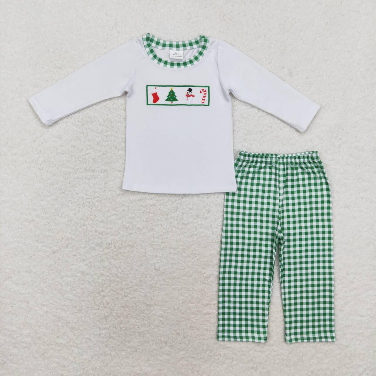 Christmas Embroidered tree Green plaid Boy Set