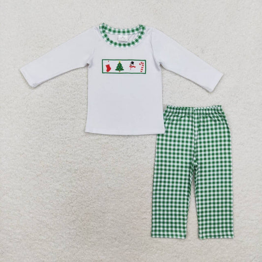 Christmas Embroidered tree Green plaid Boy Set