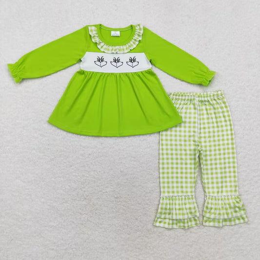 Christmas Cartoon Green plaid Girls Set
