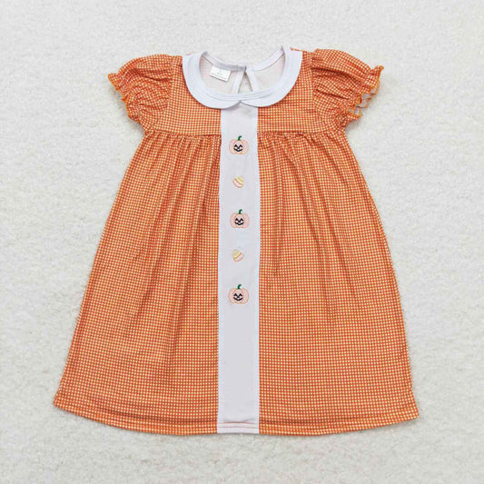 Halloween Orange Plaid Pumpkin embroidered Girls Dress