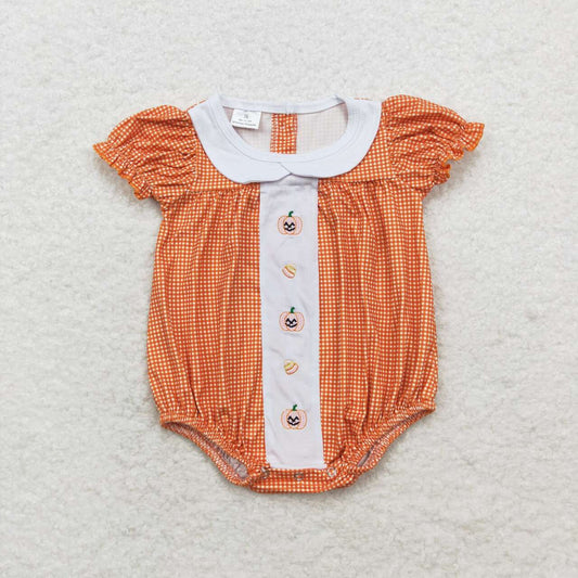 Halloween Orange pumpkin embroidery pink plaid Baby Romper