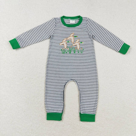 Green Stripe Embroidery Duck Baby Romper