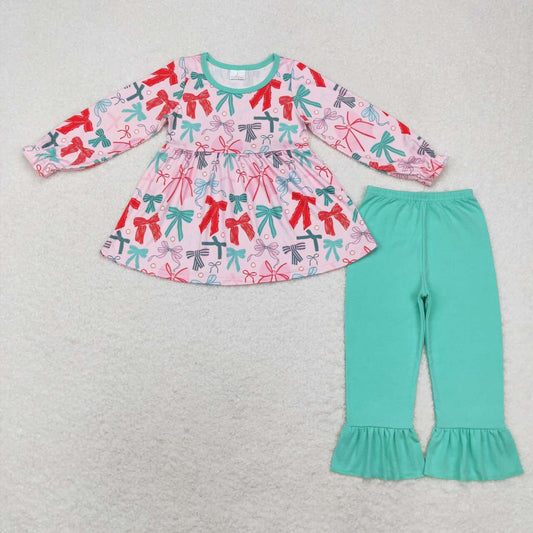 Fall Pink bow pattern leggings Pants Girls Set