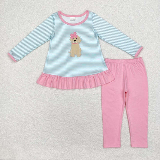 Blue Stripe Embroidery Dog Girls Set