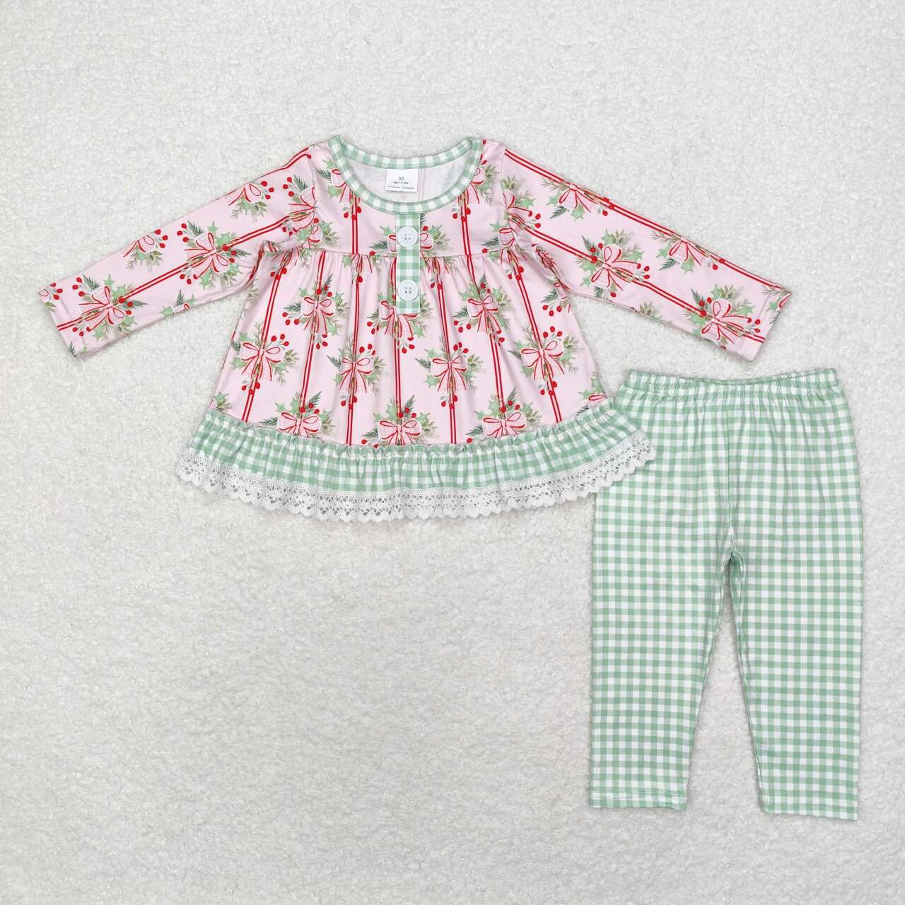 Christmas Green Bow print Long Sleeve Girls Set