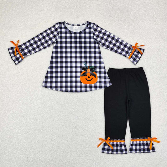 Halloween pumpkin black plaid Print Girls Set