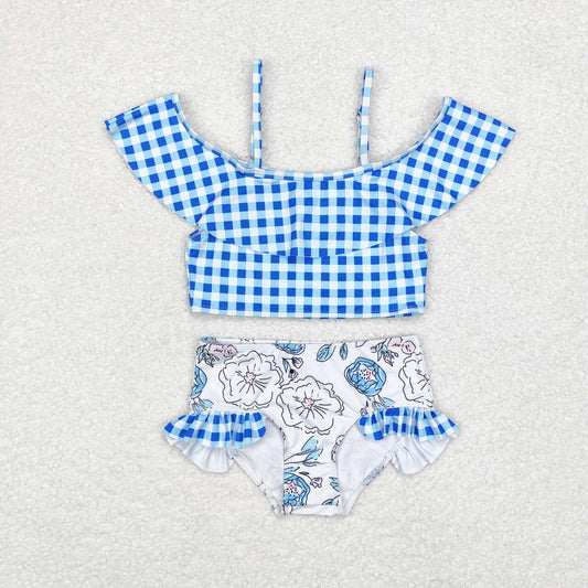 2pc blue plaid floral print short sleeve Swimsuit