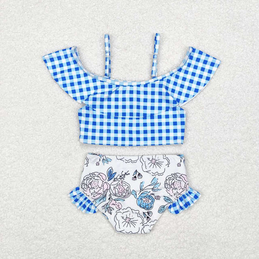 2pc blue plaid floral print short sleeve Swimsuit