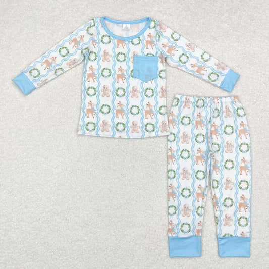Christmas Blue Deer Print Long Sleeve Pajamas ( material contains bamboo )