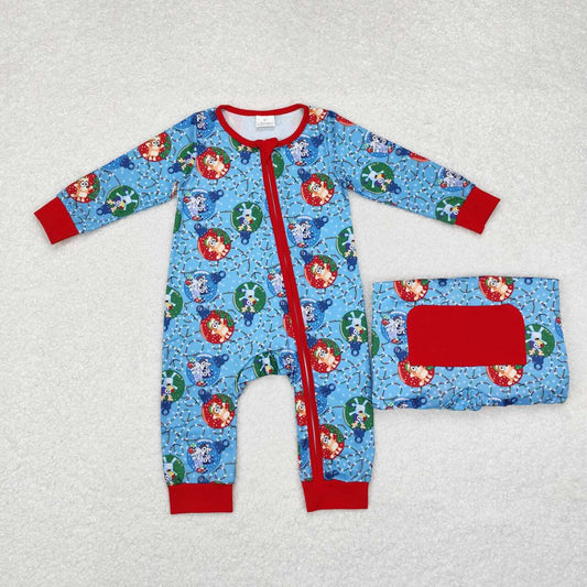 Christmas Blue Cartoon Dog romper With zipper( material contains bamboo