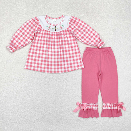 Christmas pink plaid embroidery Tree Girls Set