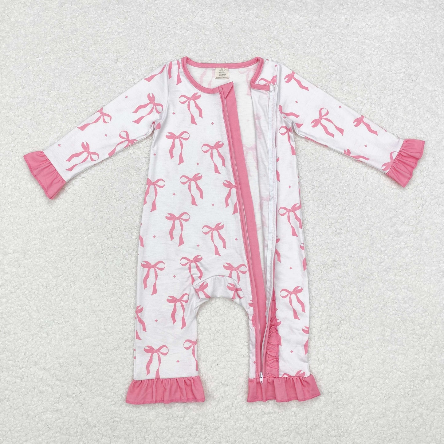 pink bow print Baby Romper With zipper( material contains bamboo )