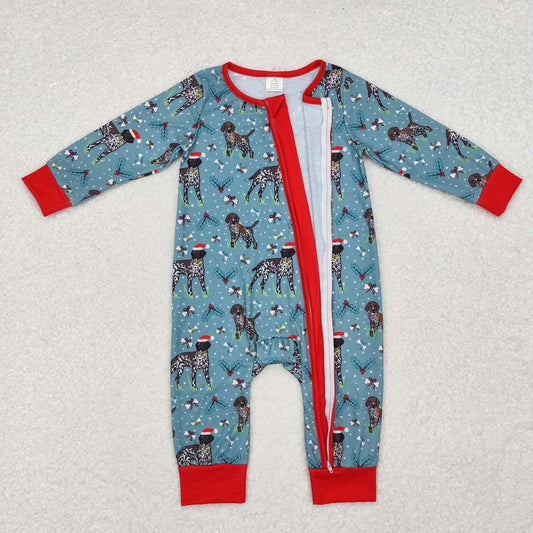 Christmas Blue Dog print Baby Romper With zipper( material contains bamboo )