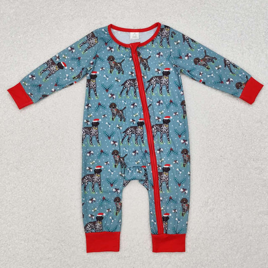 Christmas Blue Dog print Baby Romper With zipper( material contains bamboo )