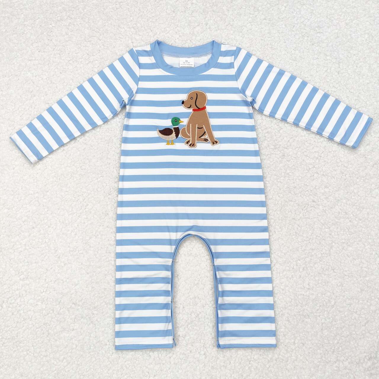 Blue Stripe Embroidery Dog Long Sleeve Romper