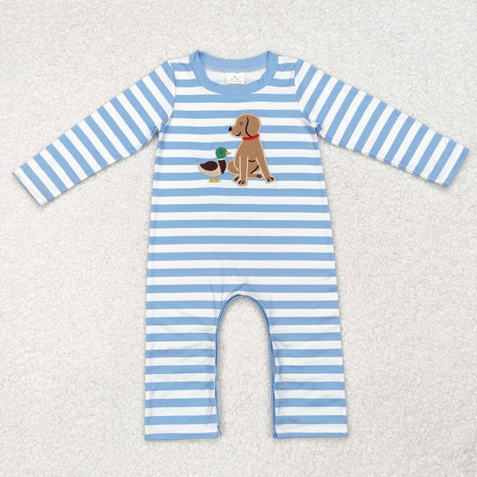 Blue Stripe Embroidery Dog Long Sleeve Romper