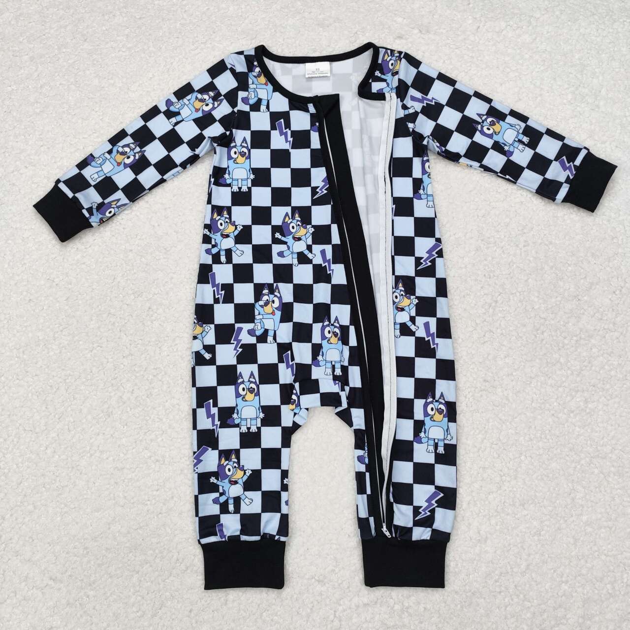Plaid Blue Cartoon Baby Romper With zipper