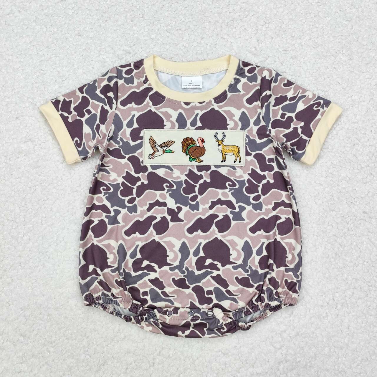 Camo thanksgiving turkey embroidery Baby romper