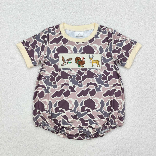 Camo thanksgiving turkey embroidery Baby romper