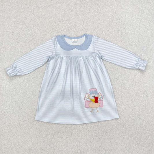 thanksgiving turkey embroidery blue flowers Girls Dress
