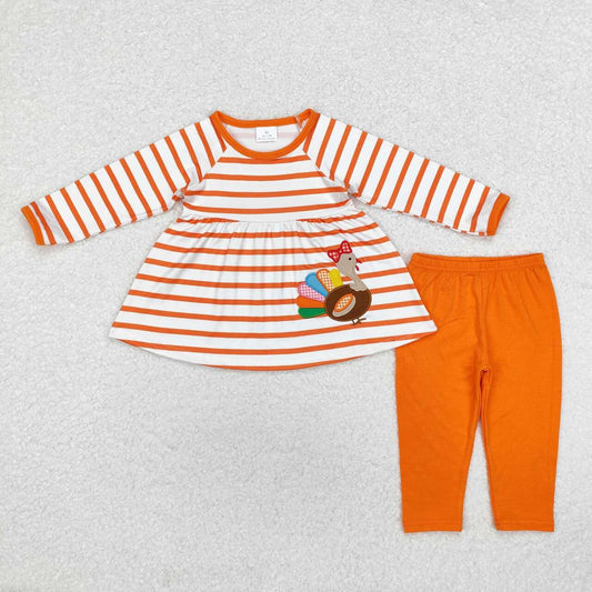 Thanksgiving Embroidered Orange Stripe Turkey Girls Outfits