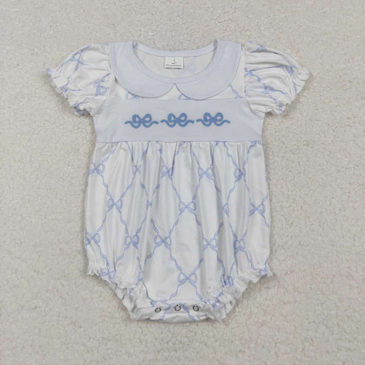 blue embroidered Bow print Baby Romper