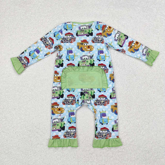 Blue Car print Long Sleeve romper ( material contains bamboo )