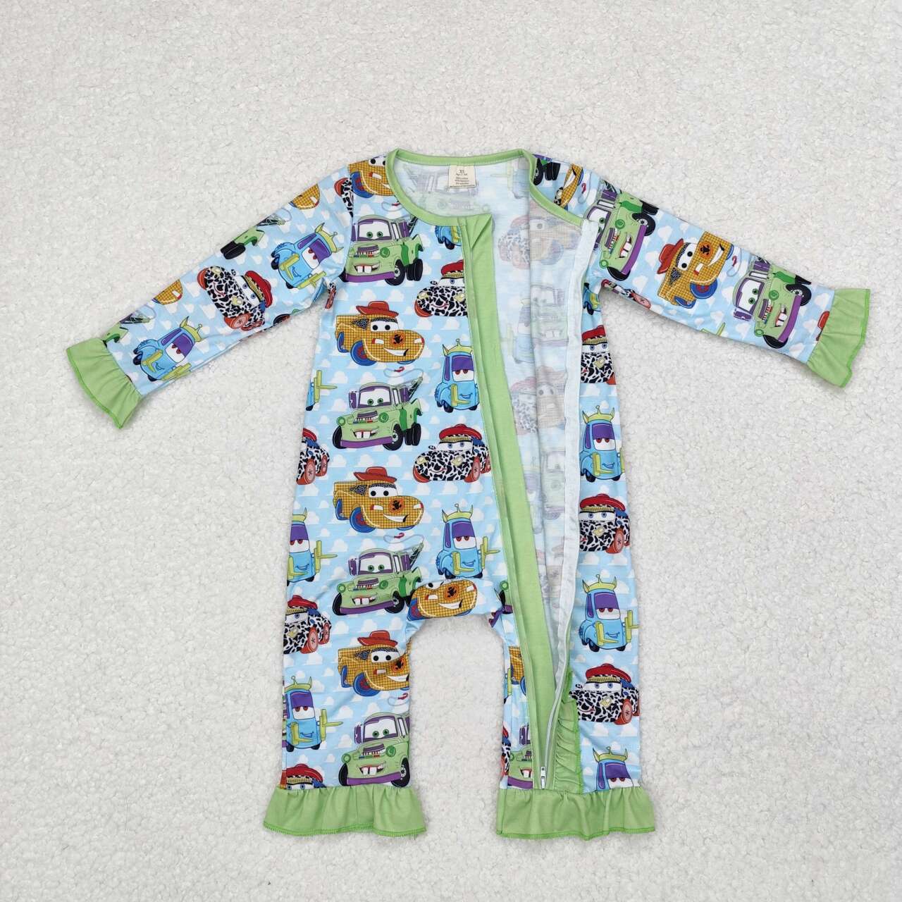 Blue Car print Long Sleeve romper ( material contains bamboo )