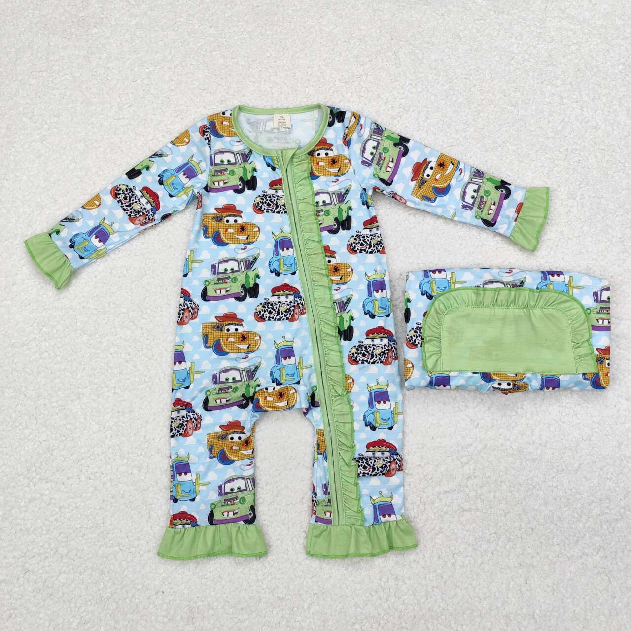 Blue Car print Long Sleeve romper ( material contains bamboo )