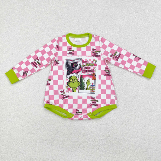 Christmas Pink Plaid Cartoon Baby long Romper