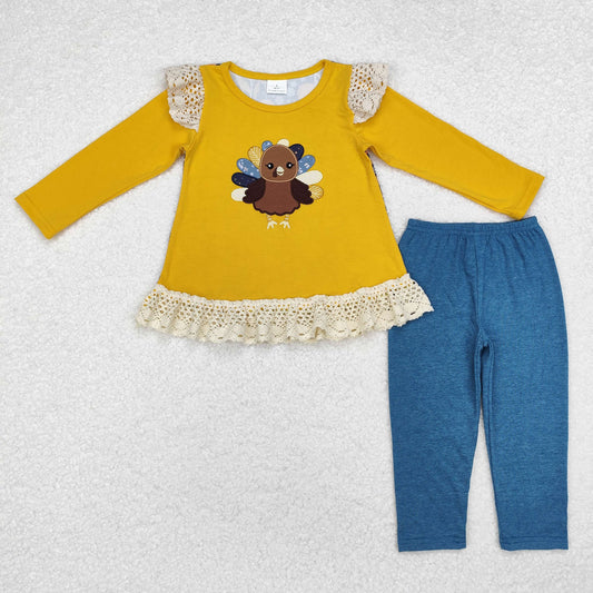 Thanksgiving Embroidered Turkey Girls Outfits