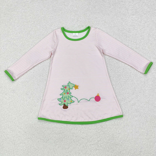 Christmas striped tree embroidery Girls dress