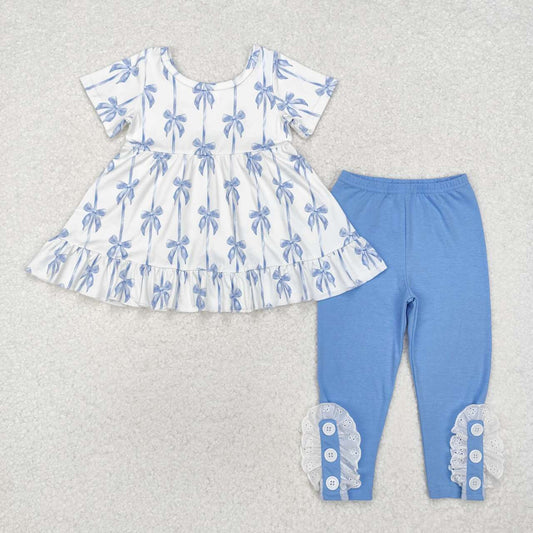 Blue Bow Print short Sleeve Pants Girls Set