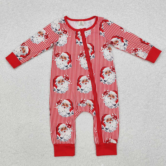 christmas Red Stripe Santa print Baby Romper With zipper( material contains bamboo )