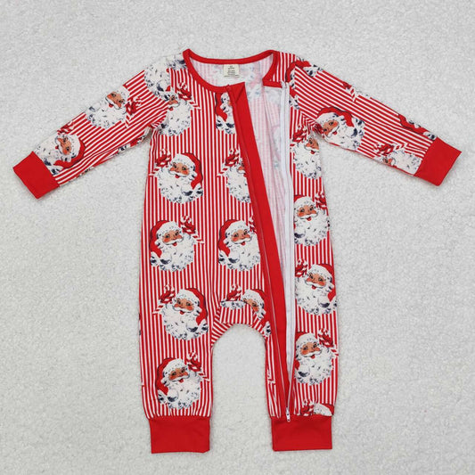 christmas Red Stripe Santa print Baby Romper With zipper( material contains bamboo )