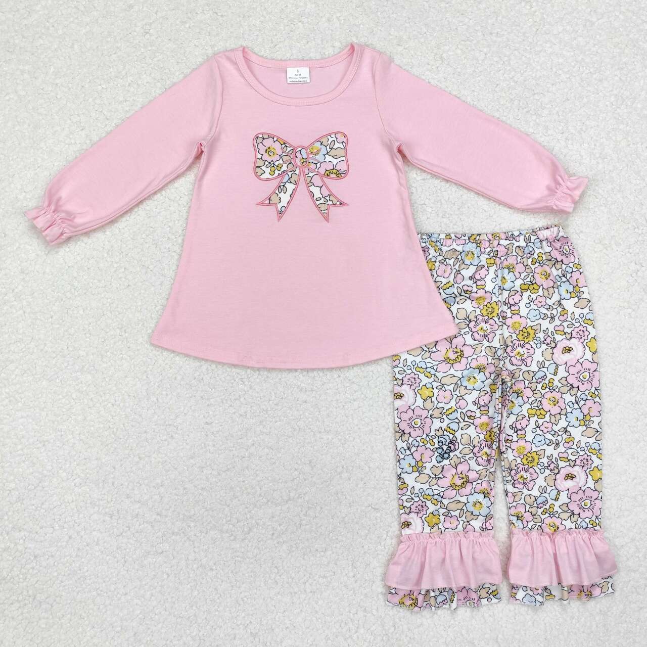 Fall Pink Bow Embroidery pants Girls Set