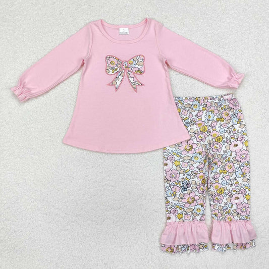 Fall Pink Bow Embroidery pants Girls Set