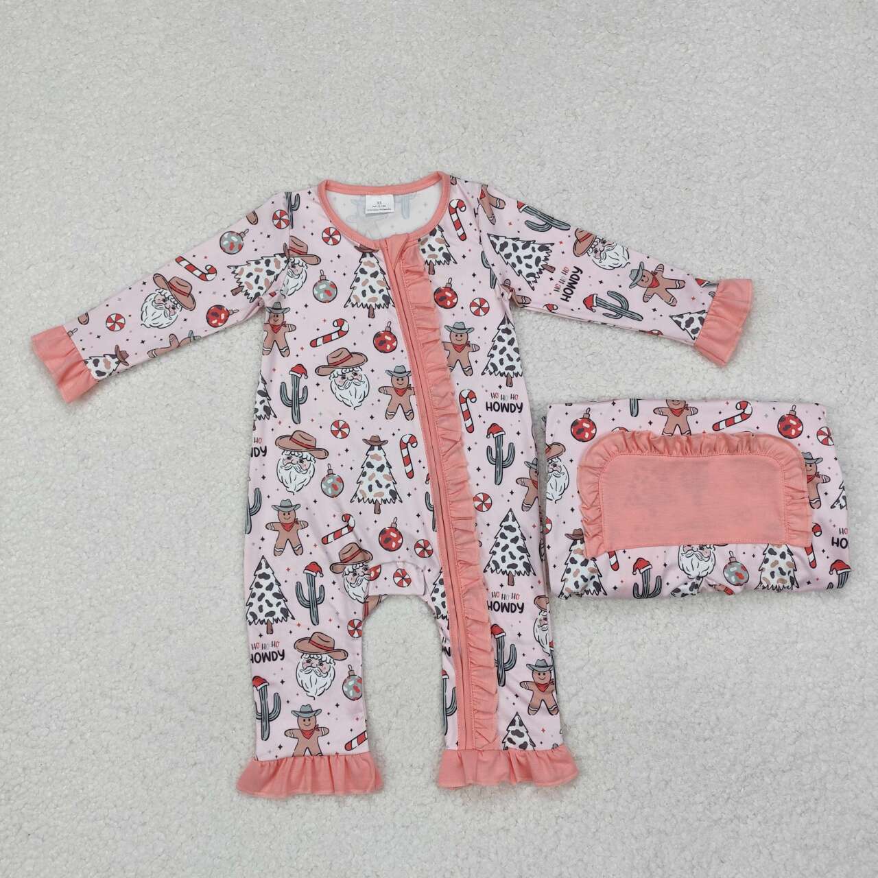 Christmas western pink santa Baby Romper With zipper